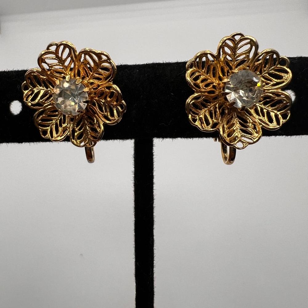 Vintage Gold Tone Floral Clear Rhinestone Clip Earrings